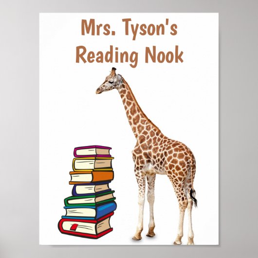 Bewerkbare Giraffe Met Stapel Boeken Leeshoek Poster (Voorkant)