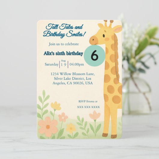 Bewerkbare Giraffe Verjaardagsuitnodiging – Aangep Kaart (Staand voorkant)