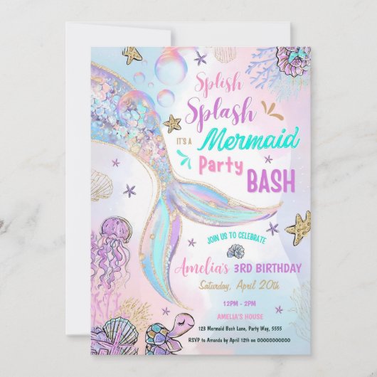 Bewerkbare Glitter Meermaid Feest Uitnodiging Zwem (Voorkant)