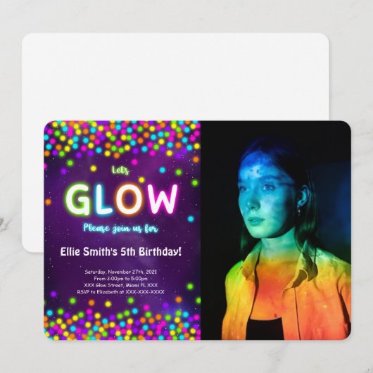 Bewerkbare Glow Verjaardagsfoto Uitnodiging (Voorkant / Achterkant)