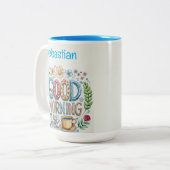 Bewerkbare Goedemorgen Naam en Bloemen Tweekleurige Koffiemok (Voorkant links)