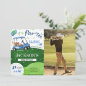 Bewerkbare golf verjaardagsfoto uitnodiging (Staand voorkant)