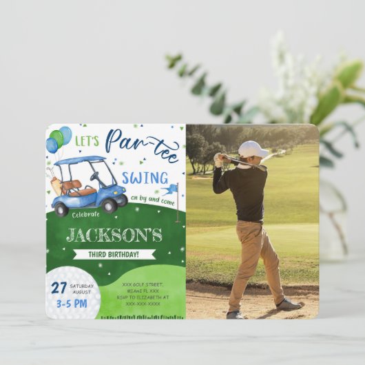 Bewerkbare golf verjaardagsfoto uitnodiging (Staand voorkant)
