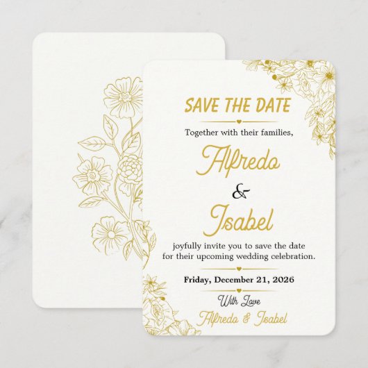 Bewerkbare Gouden Bloemstuk Save The Date (Voorkant / Achterkant)
