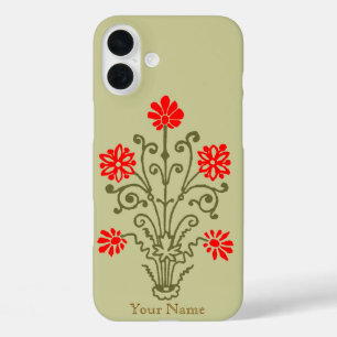 Bewerkbare  gouden en rode bloemenets iPhone 16 plus hoesje