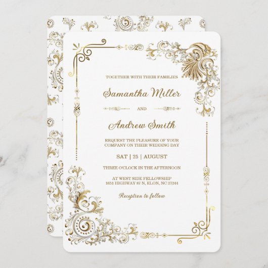 Bewerkbare gouden en witte bruiloft kaart (Voorkant / Achterkant)