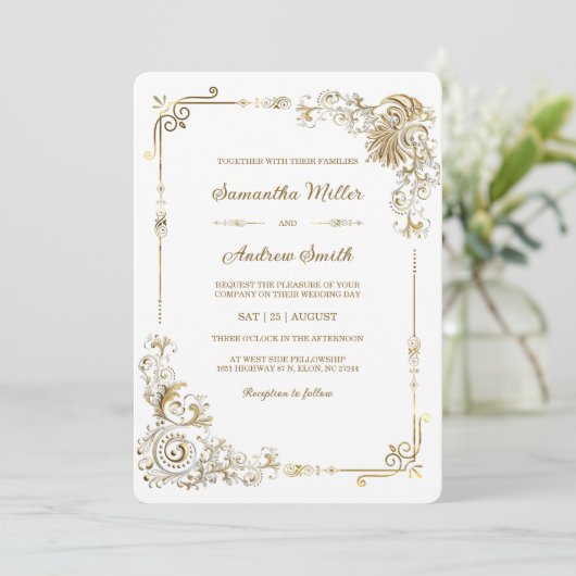 Bewerkbare gouden en witte bruiloft kaart (Staand voorkant)