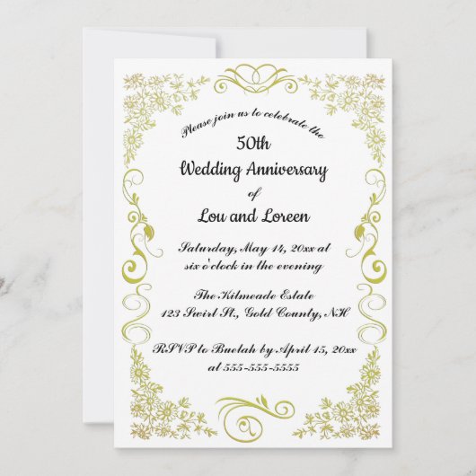 Bewerkbare gouden hart bloemen bladeren werveling kaart (Voorkant)