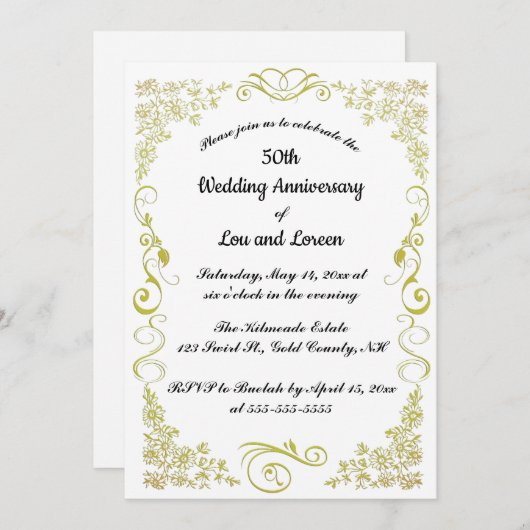 Bewerkbare gouden hart bloemen bladeren werveling kaart (Voorkant / Achterkant)