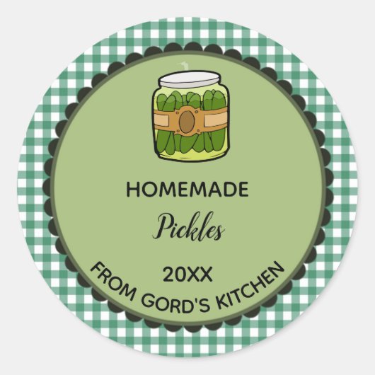 Bewerkbare Green Gingham Pickles Label Stickers (Voorkant)