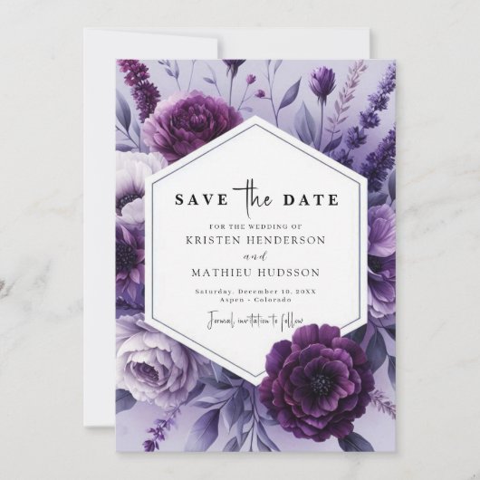 Bewerkbare grillige Paarse bloemenbruiloft Save The Date (Voorkant)