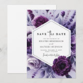 Bewerkbare grillige Paarse bloemenbruiloft Save The Date (Voorkant / Achterkant)