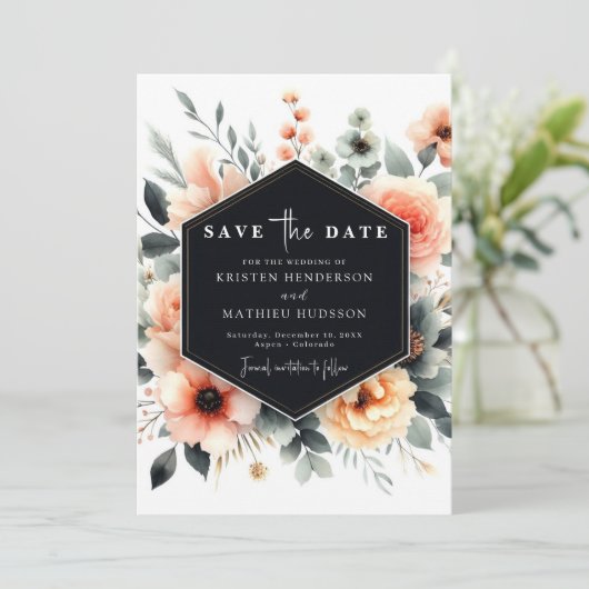 Bewerkbare grillige perzik bruiloft save the date (Staand voorkant)