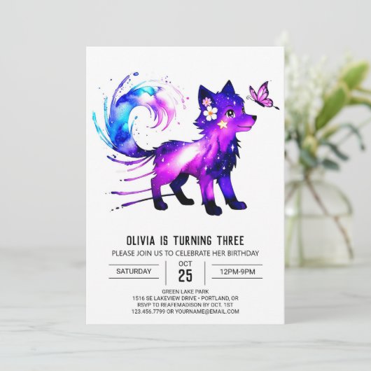 bewerkbare grillige wolf digitale meisje verjaarda kaart (Staand voorkant)