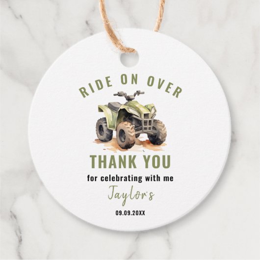 Bewerkbare groene ATV fiets verjaardagscirkel Bedankjes Labels (Voorkant)