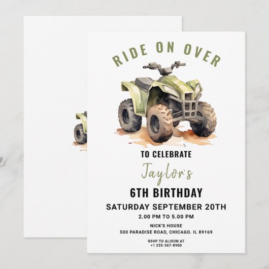 Bewerkbare groene ATV fiets verjaardagsuitnodiging Kaart (Voorkant / Achterkant)