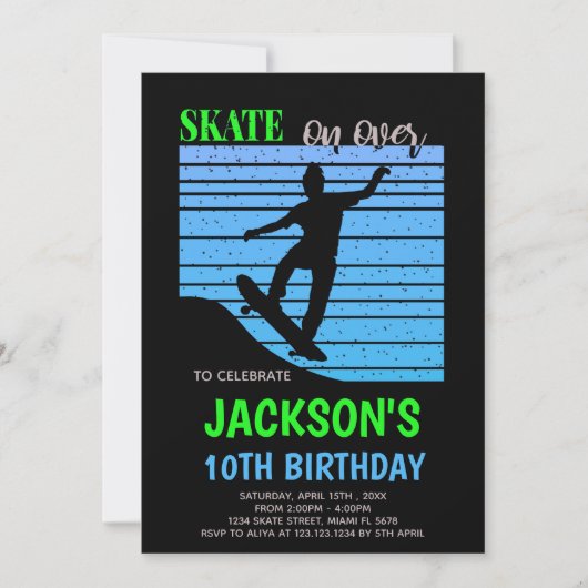 Bewerkbare groene en blauwe skater Party Uitnodige Kaart (Voorkant)