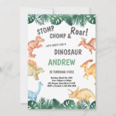 Bewerkbare groene en bruine dinosaurusverjaardag kaart (Voorkant)