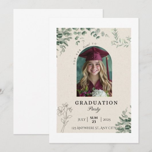 Bewerkbare groene foto Afstuderen Nodig Party Kaar Kaart (Voorkant / Achterkant)
