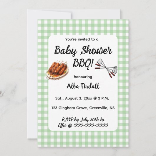 Bewerkbare groene gingham BBQ baby shower Kaart (Voorkant)
