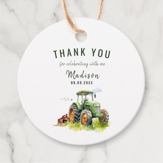 Bewerkbare groene tractor verjaardag bedankjes labels (Voorkant)