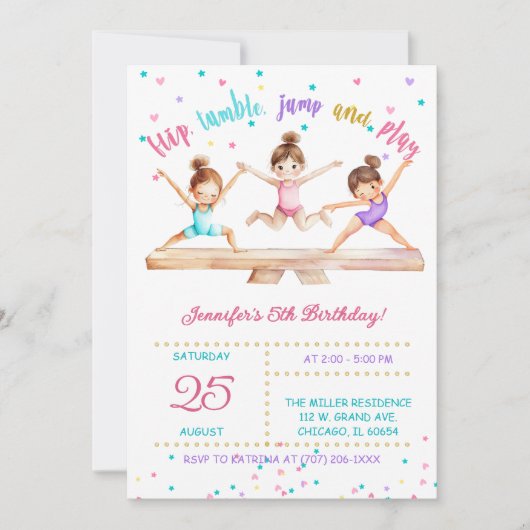 Bewerkbare Gymnastiek Verjaardagsfeest Meisjes Kaart (Voorkant)