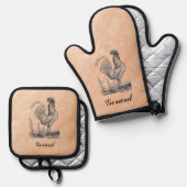 Bewerkbare haan en naam ovenwant & pannenlap set (Voorkant / Achterkant)