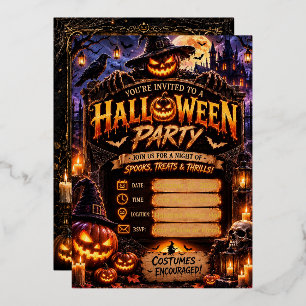 🎃 Bewerkbare Halloween-feestuitnodiging Griezel Folie Uitnodiging