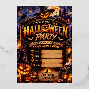 🎃 Bewerkbare Halloween-feestuitnodiging Griezel Folie Uitnodiging