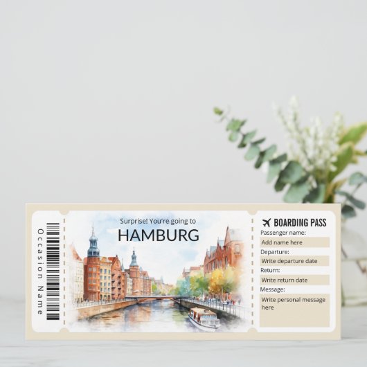 Bewerkbare Hamburg Boarding Pass Vliegticket Kaart (Staand voorkant)
