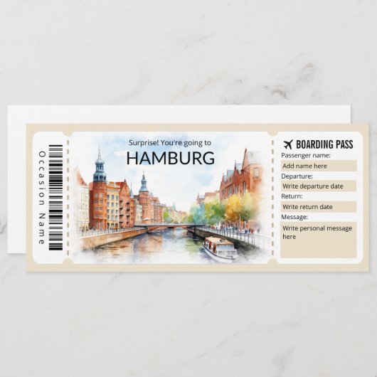 Bewerkbare Hamburg Boarding Pass Vliegticket Kaart (Voorkant / Achterkant)