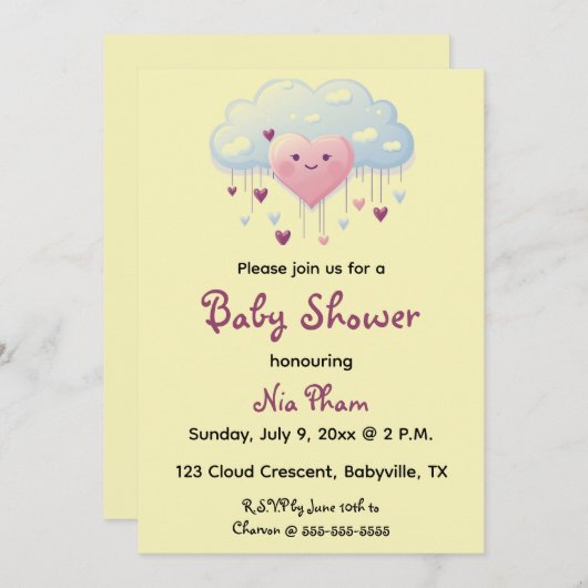 Bewerkbare Hearts en Cloud Baby shower Kaart (Voorkant / Achterkant)