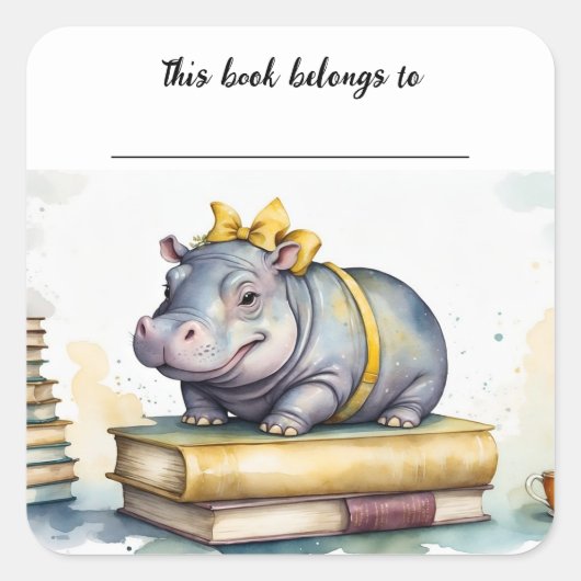 Bewerkbare Hippo en Boeken Bookplate Sticker (Voorkant)