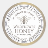 Bewerkbare Honey Jar Bee Wildflower Honey Gold Lab Ronde Sticker (Voorkant)