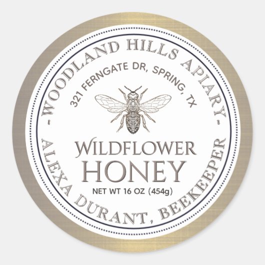 Bewerkbare Honey Jar Bee Wildflower Honey Gold Lab Ronde Sticker (Voorkant)