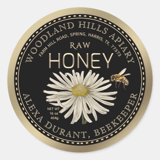 Bewerkbare Honey Jar Bee Wildflower Label Zwart Go (Voorkant)