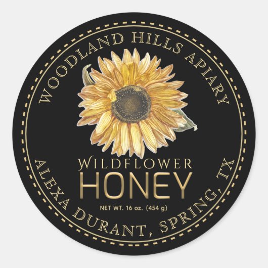 Bewerkbare Honey Jar Bee Zonnebloem Label (Voorkant)