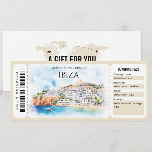 Bewerkbare Ibiza Plane Boarding Pass Ticket Kaart (Voorkant / Achterkant)