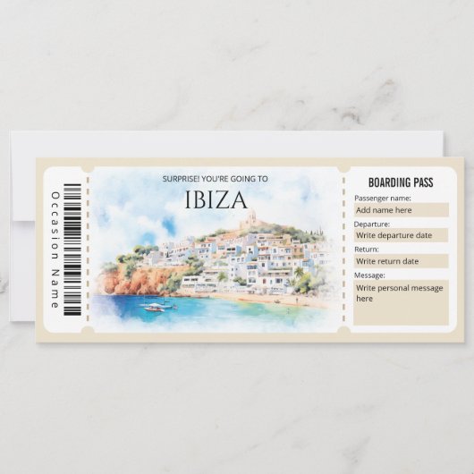 Bewerkbare Ibiza Plane Boarding Pass Ticket Kaart (Voorkant)