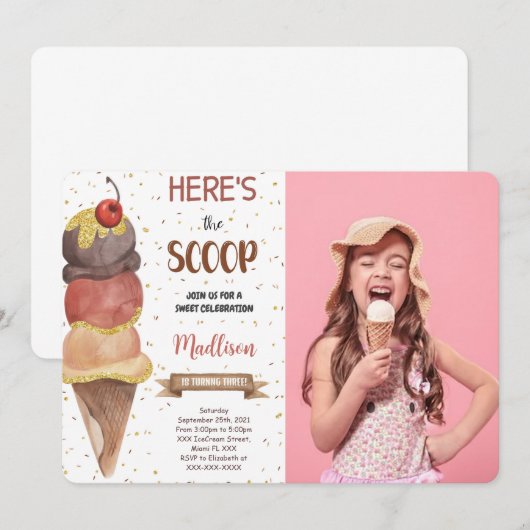 Bewerkbare Ice Cream Foto uitnodiging (Voorkant / Achterkant)