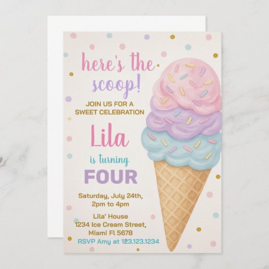 Bewerkbare Ice Cream verjaardagsuitnodiging Kaart (Voorkant / Achterkant)