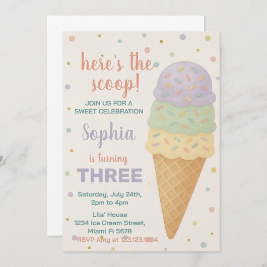 Bewerkbare Ice Cream verjaardagsuitnodiging Kaart (Voorkant / Achterkant)