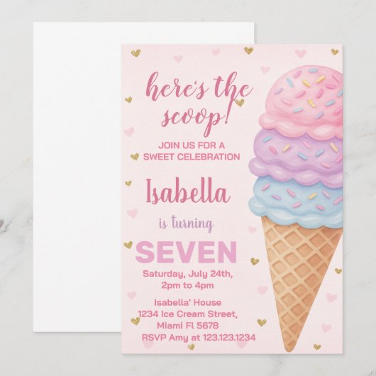 Bewerkbare Ice Cream verjaardagsuitnodiging Kaart (Voorkant / Achterkant)