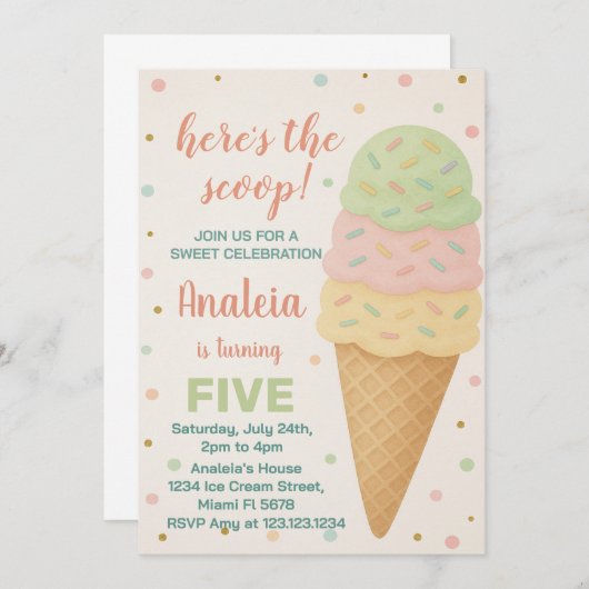 Bewerkbare Ice Cream verjaardagsuitnodiging Kaart (Voorkant / Achterkant)