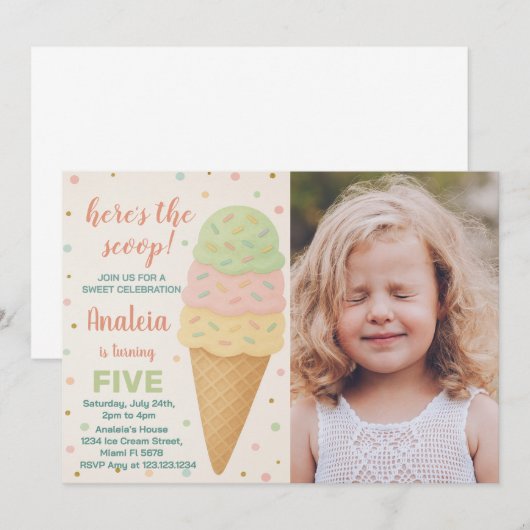 Bewerkbare Ice Cream verjaardagsuitnodiging Kaart (Voorkant / Achterkant)