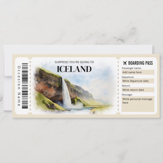 Bewerkbare IJsland Boarding Pass Vliegticket Kaart (Voorkant)