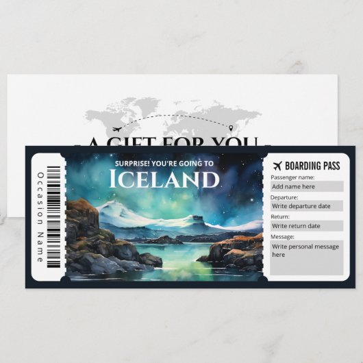 Bewerkbare IJsland Boarding Pass Vliegticket Kaart (Voorkant / Achterkant)
