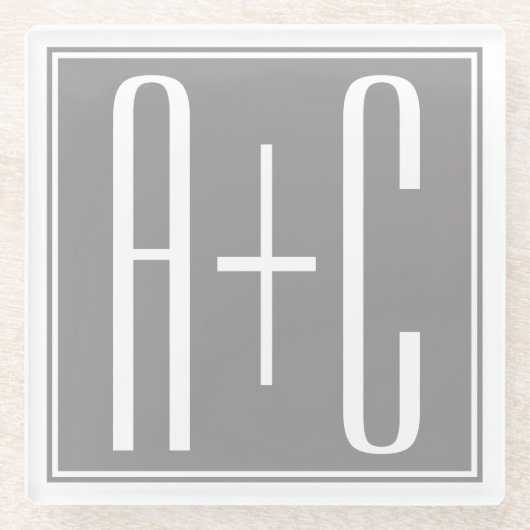 Bewerkbare Initialen voor Koppels | Wit & Grijs Glazen Onderzetter (Voorkant)