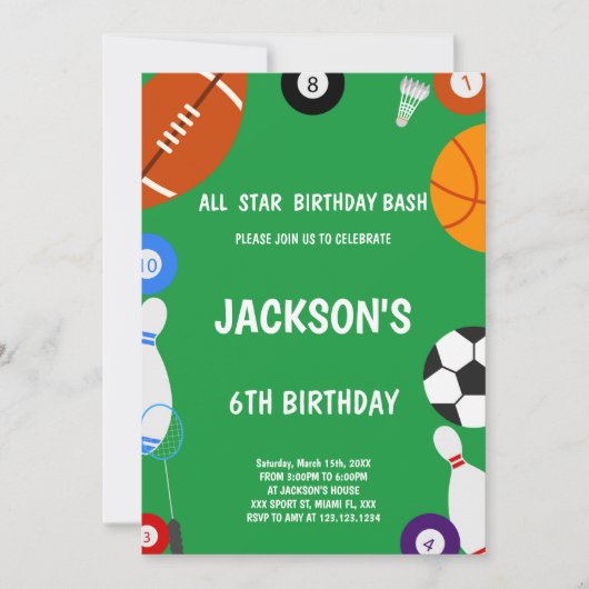 Bewerkbare jongens All-Star Multi-Sport Party Uitn Kaart (Voorkant)