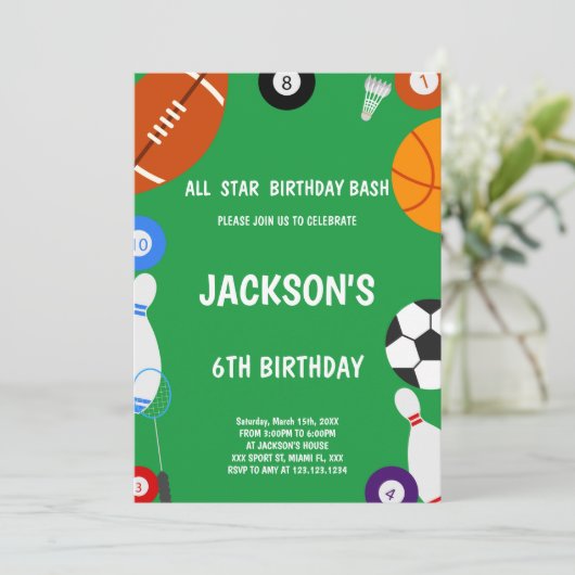 Bewerkbare jongens All-Star Multi-Sport Party Uitn Kaart (Staand voorkant)